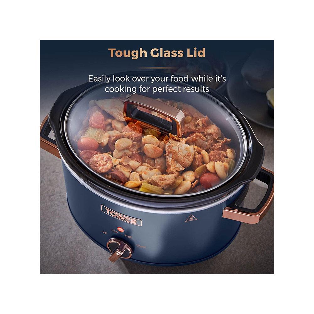 Tower Cavaletto Slow Cooker 3.5 Litres With 3 Heat Settings Cool Touch Handles 210W - Midnight Blue & Rose Gold
