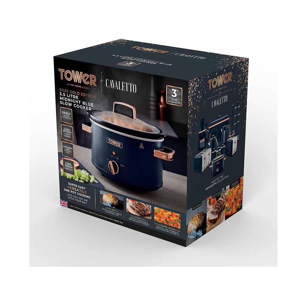 Tower Cavaletto Slow Cooker 3.5 Litres With 3 Heat Settings Cool Touch Handles 210W - Midnight Blue & Rose Gold