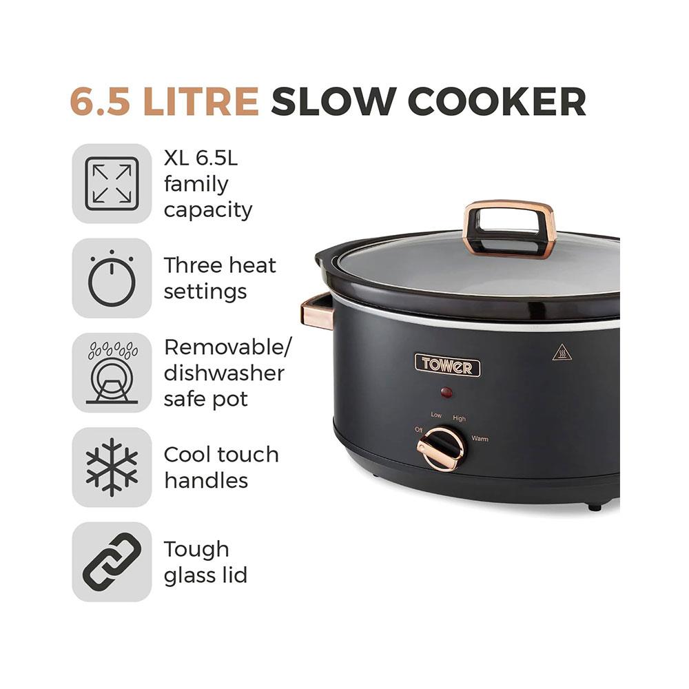 Tower Cavaletto Slow Cooker 6.5 Litre With 3 Heat Settings 300W - Black & Rose Gold