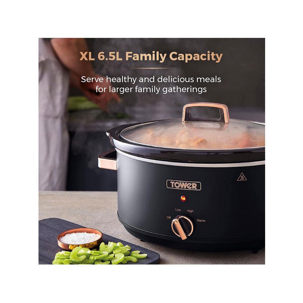 Tower Cavaletto Slow Cooker 6.5 Litre With 3 Heat Settings 300W - Black & Rose Gold