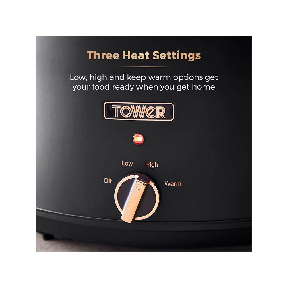 Tower Cavaletto Slow Cooker 6.5 Litre With 3 Heat Settings 300W - Black & Rose Gold