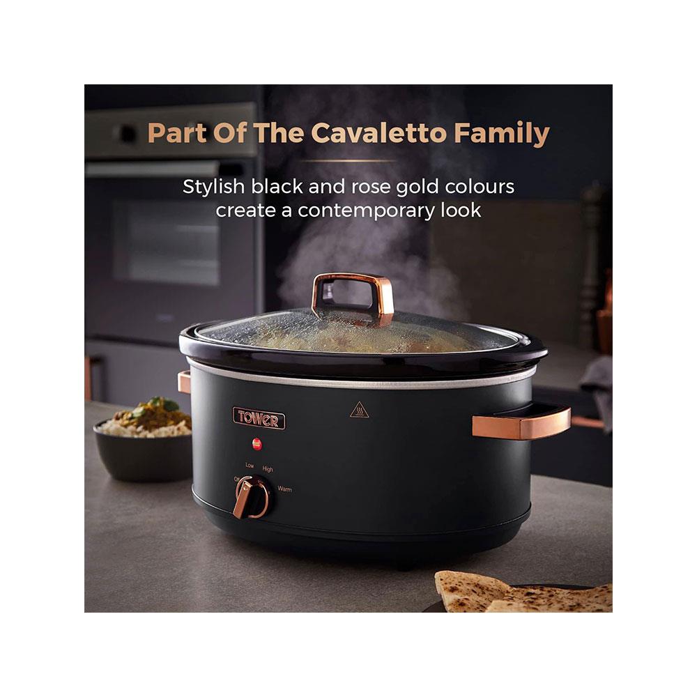 Tower Cavaletto Slow Cooker 6.5 Litre With 3 Heat Settings 300W - Black & Rose Gold