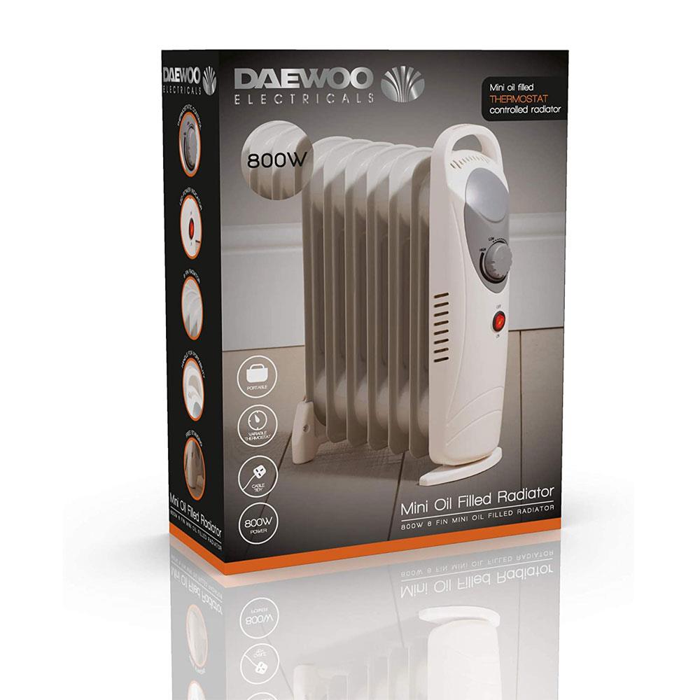Daewoo 6 Fin Mini Oil Filled Radiator Portable Heater 800W - White