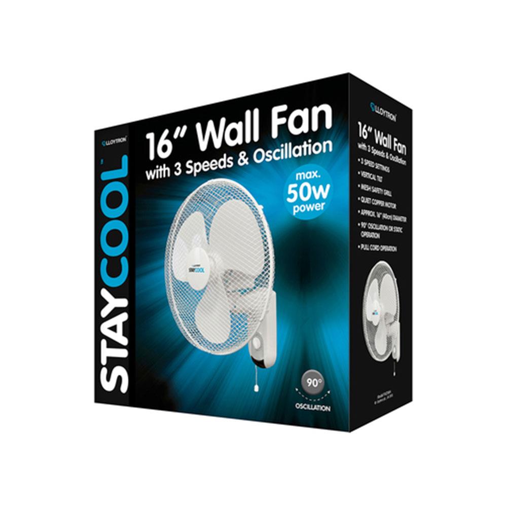 Lloytron STAYCOOL 16 Inch Wall Fan With 3 Speed Settings 90 Degree Oscillation 50W - White