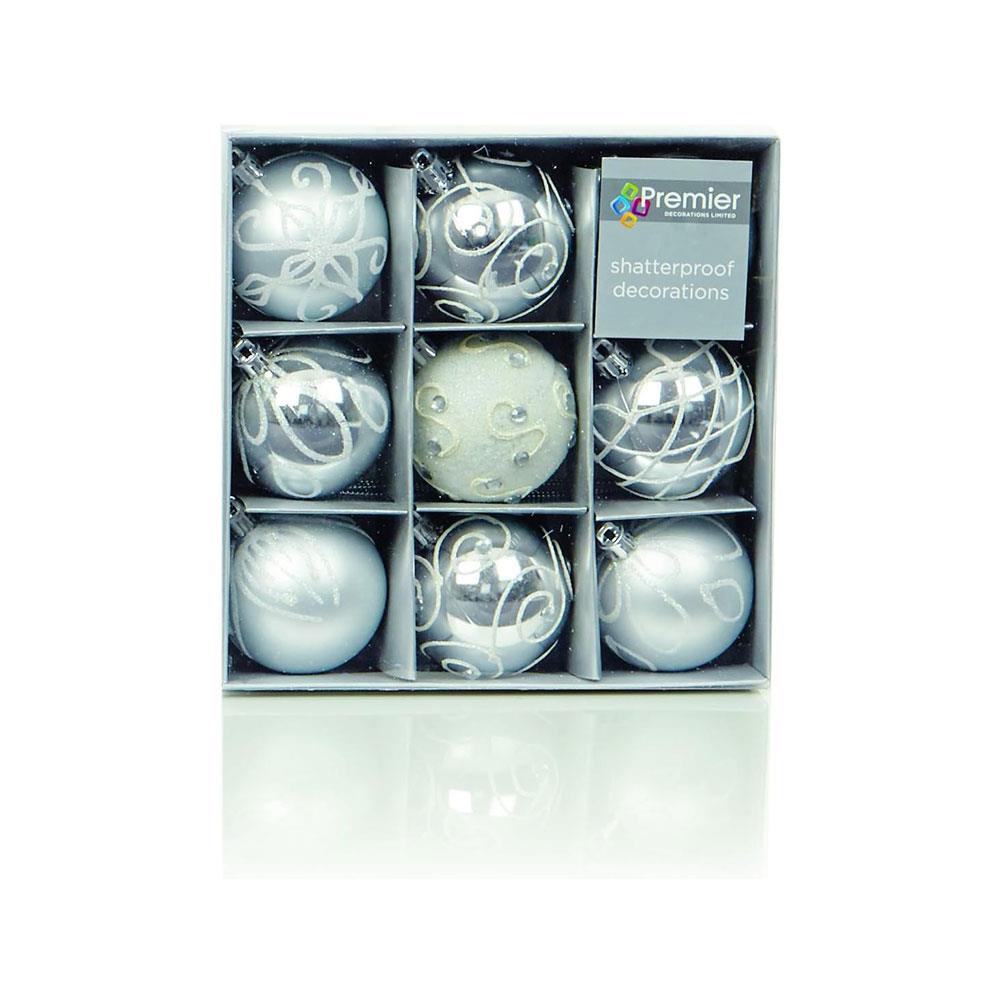 Premier Shatterproof Christmas Tree Baubles 60mm Set of 9 - Silver