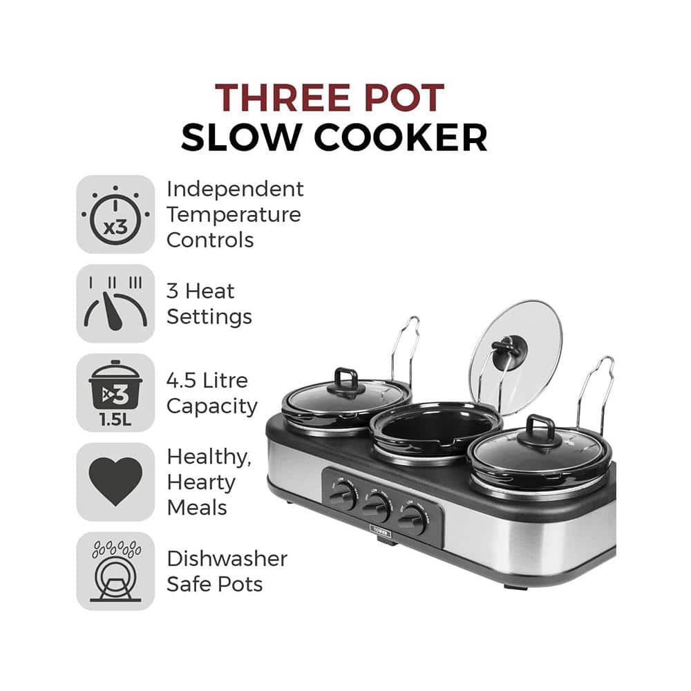 Tower Three Pot Slow Cooker With Independent Temperature Controls Stainless Steel 3 x 1.5 Litre - Black Secondary image