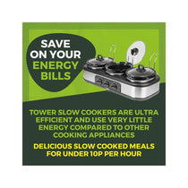 Tower Three Pot Slow Cooker With Independent Temperature Controls Stainless Steel 3 x 1.5 Litre - Black