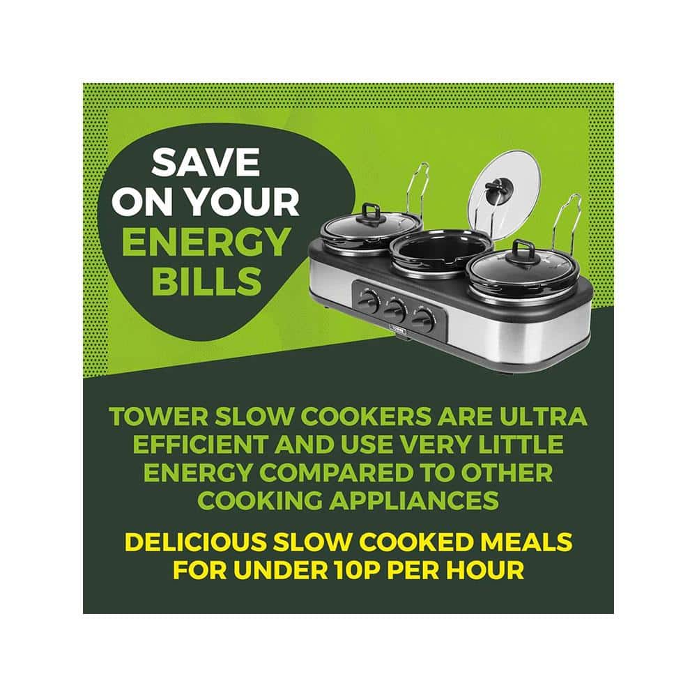 Tower Three Pot Slow Cooker With Independent Temperature Controls Stainless Steel 3 x 1.5 Litre - Black