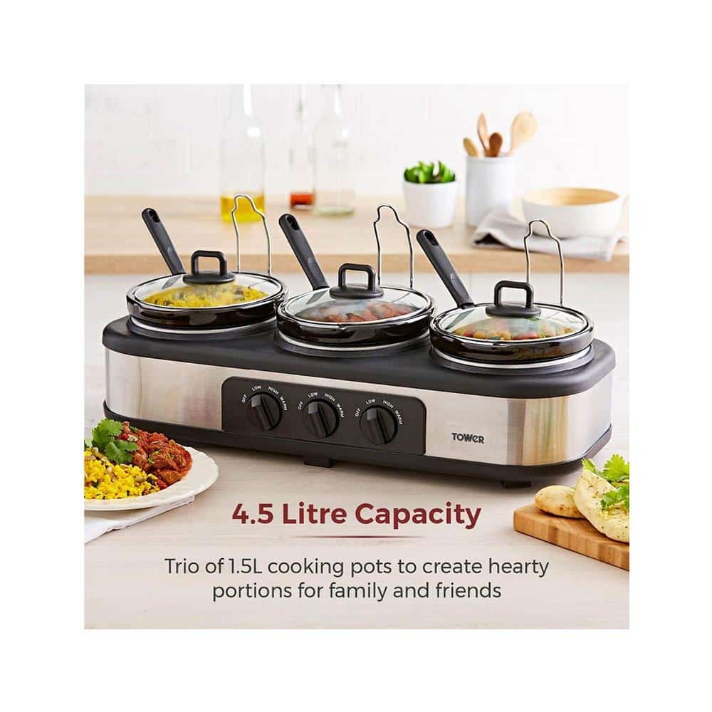Tower Three Pot Slow Cooker With Independent Temperature Controls Stainless Steel 3 x 1.5 Litre - Black