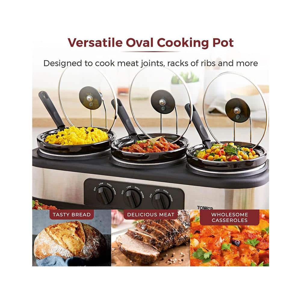 Tower Three Pot Slow Cooker With Independent Temperature Controls Stainless Steel 3 x 1.5 Litre - Black