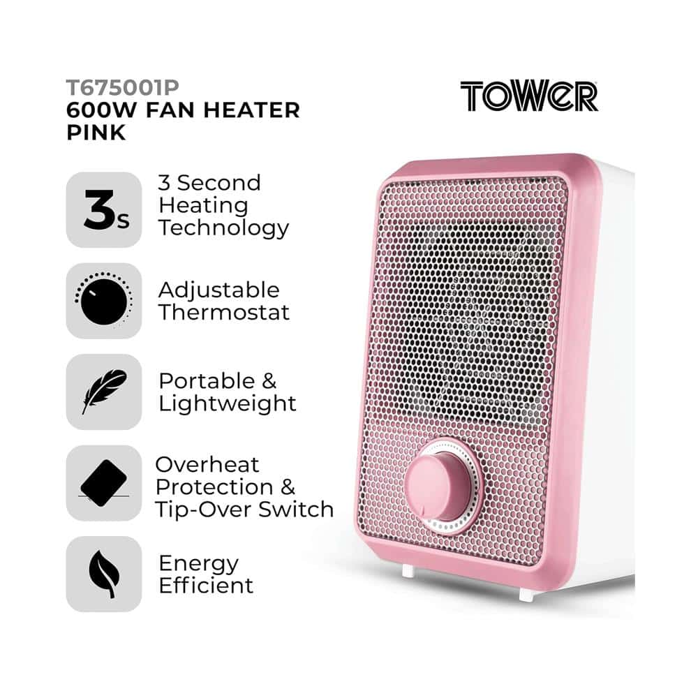 Tower 600W Colour Fan Heater With 3 Second Heating Technology Adjustable Thermostat Overheat Protection - Pink
