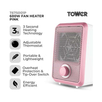 Tower 600W Colour Fan Heater With 3 Second Heating Technology Adjustable Thermostat Overheat Protection - Pink