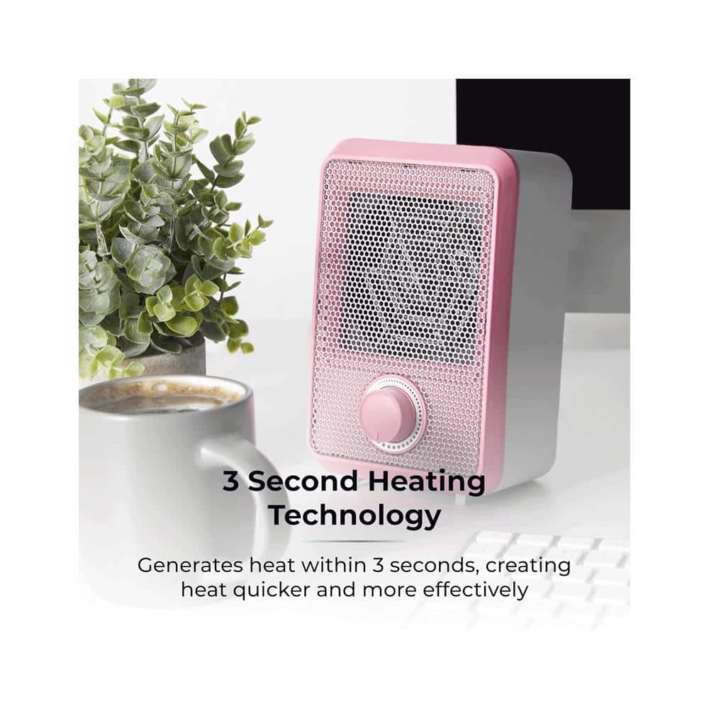 Tower 600W Colour Fan Heater With 3 Second Heating Technology Adjustable Thermostat Overheat Protection - Pink