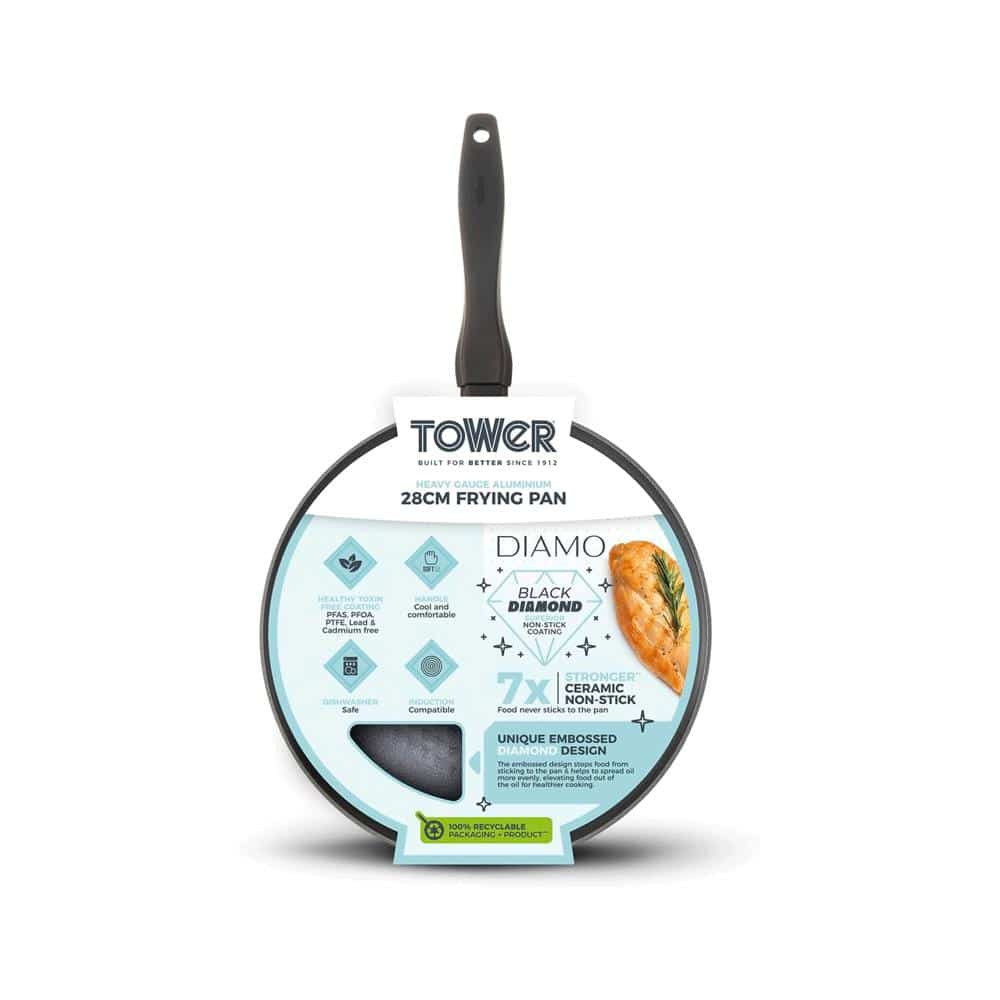 Tower Diamo Frying Pan 28cm With Black Diamond Ceramic Non-Stick Coating And Softtex Handle - Black