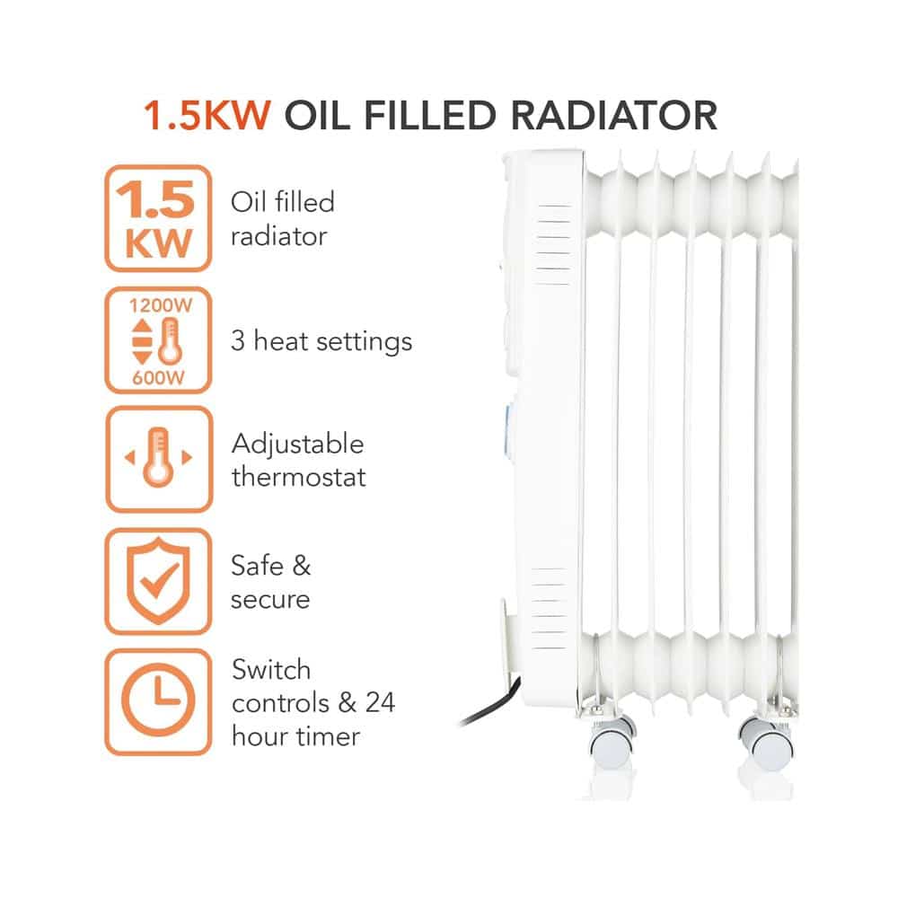 Warmlite 7 Fin Oil Filled Radiator With Adjustable Thermostat & 24 Hour Timer 1500W - White
