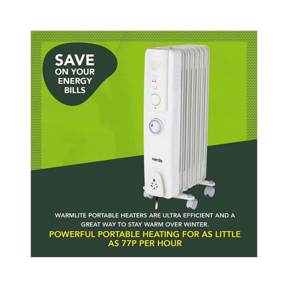 Warmlite 7 Fin Oil Filled Radiator With Adjustable Thermostat & 24 Hour Timer 1500W - White