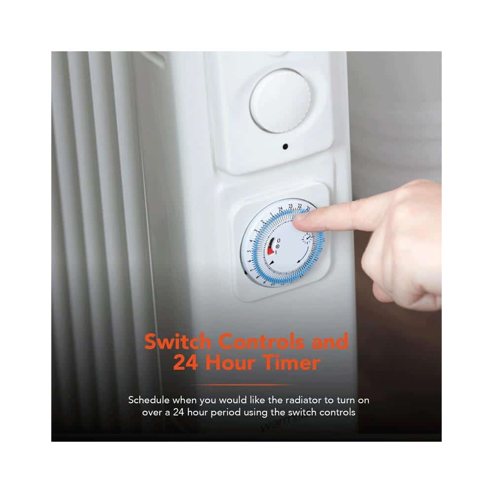 Warmlite 7 Fin Oil Filled Radiator With Adjustable Thermostat & 24 Hour Timer 1500W - White