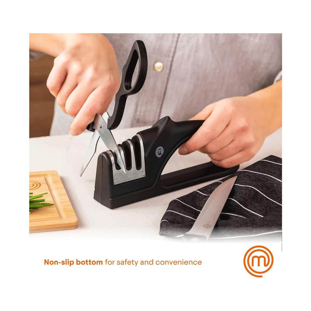 MasterChef Kitchen Knife Sharpener 3 Stage Sharpening System Coarse/Medium/Fine Soft Touch Handle Non Slip Base - Black