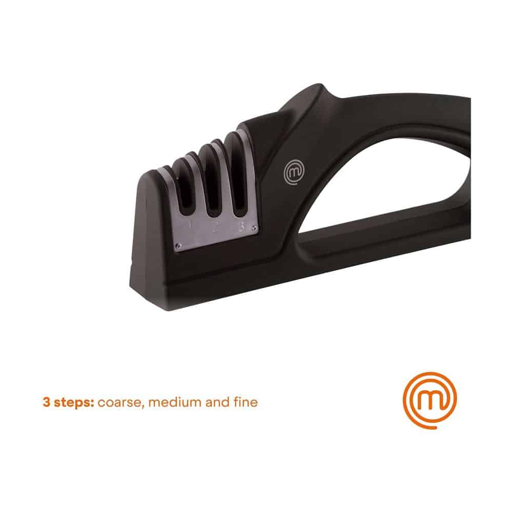 MasterChef Kitchen Knife Sharpener 3 Stage Sharpening System Coarse/Medium/Fine Soft Touch Handle Non Slip Base - Black