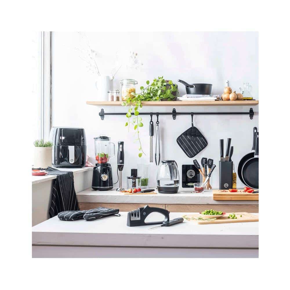MasterChef Kitchen Knife Sharpener 3 Stage Sharpening System Coarse/Medium/Fine Soft Touch Handle Non Slip Base - Black