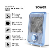 Tower 600W Colour Fan Heater With 3 Second Heating Technology Adjustable Thermostat Overheat Protection - Blue