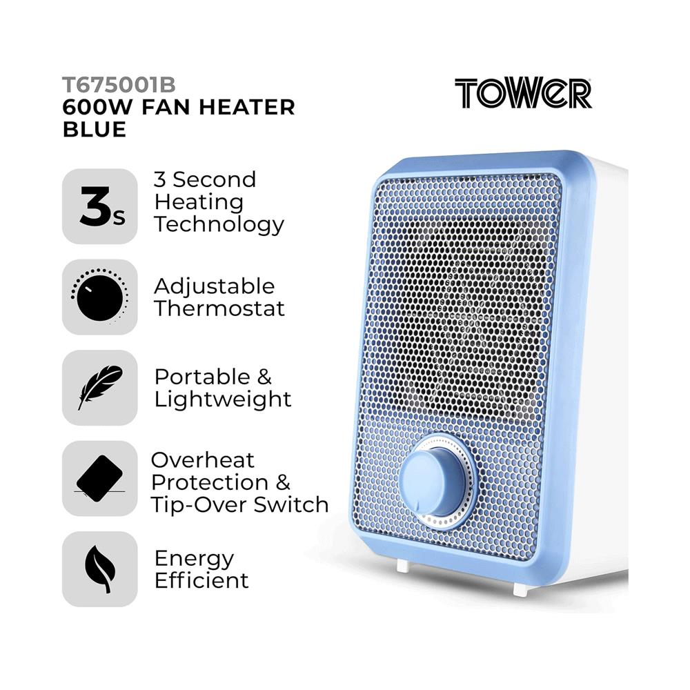 Tower 600W Colour Fan Heater With 3 Second Heating Technology Adjustable Thermostat Overheat Protection - Blue