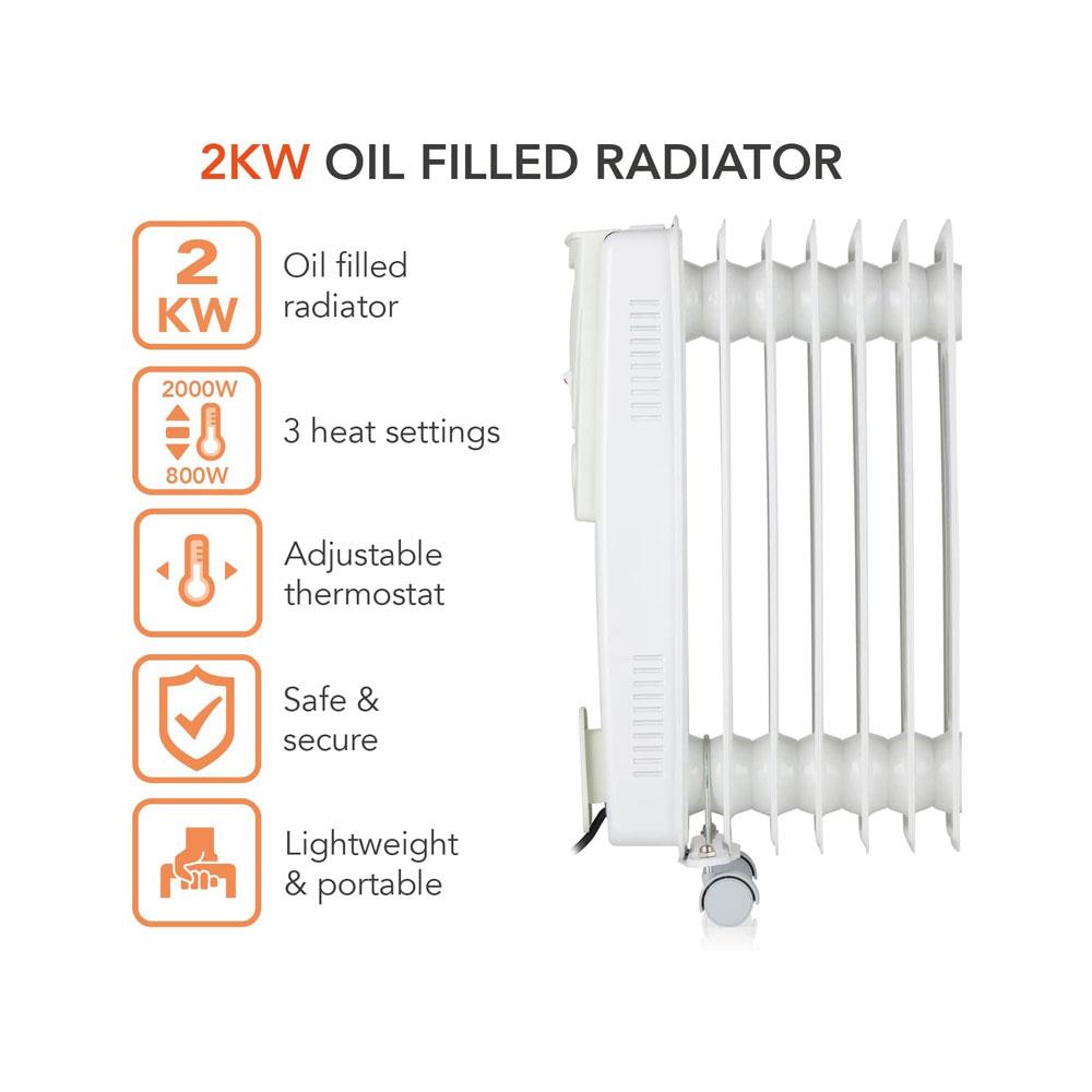 Warmlite 9 Fin Oil Filled Radiator 2000W With 3 Heat Settings & Adjustable Thermostat Overheat Protection Timer - White Secondary image