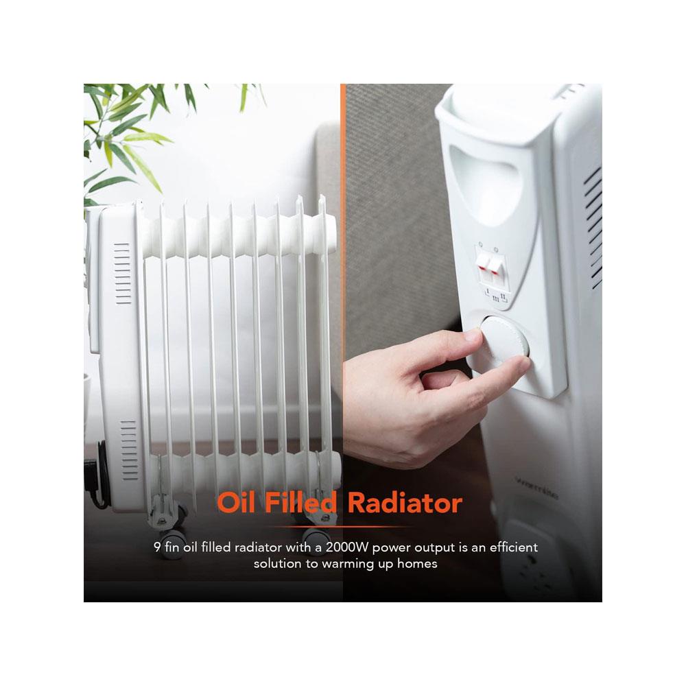 Warmlite 9 Fin Oil Filled Radiator 2000W With 3 Heat Settings & Adjustable Thermostat Overheat Protection Timer - White