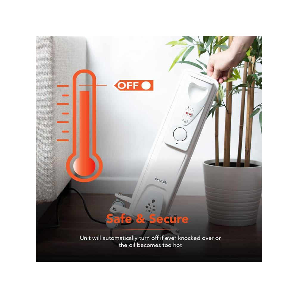 Warmlite 9 Fin Oil Filled Radiator 2000W With 3 Heat Settings & Adjustable Thermostat Overheat Protection Timer - White