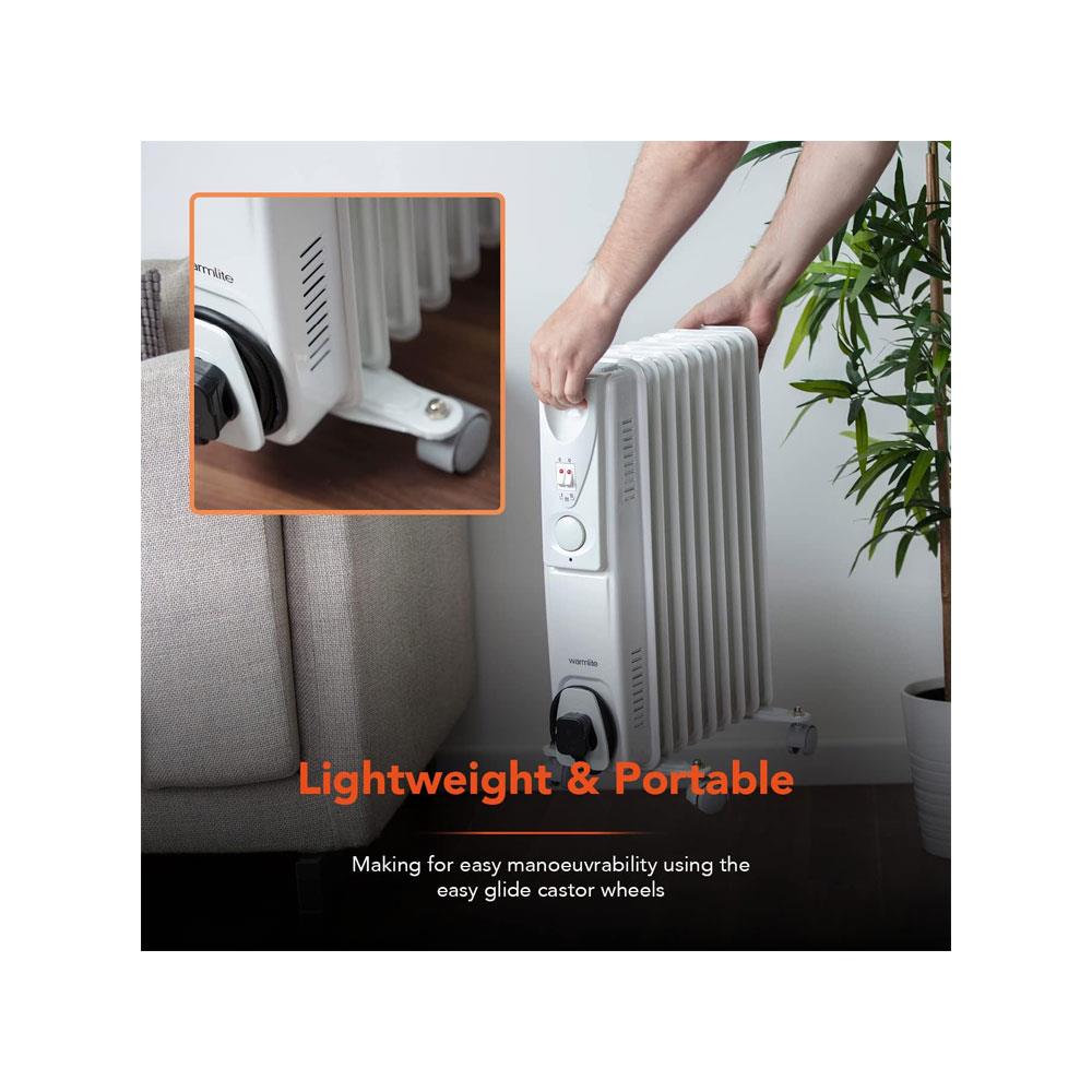 Warmlite 9 Fin Oil Filled Radiator 2000W With 3 Heat Settings & Adjustable Thermostat Overheat Protection Timer - White