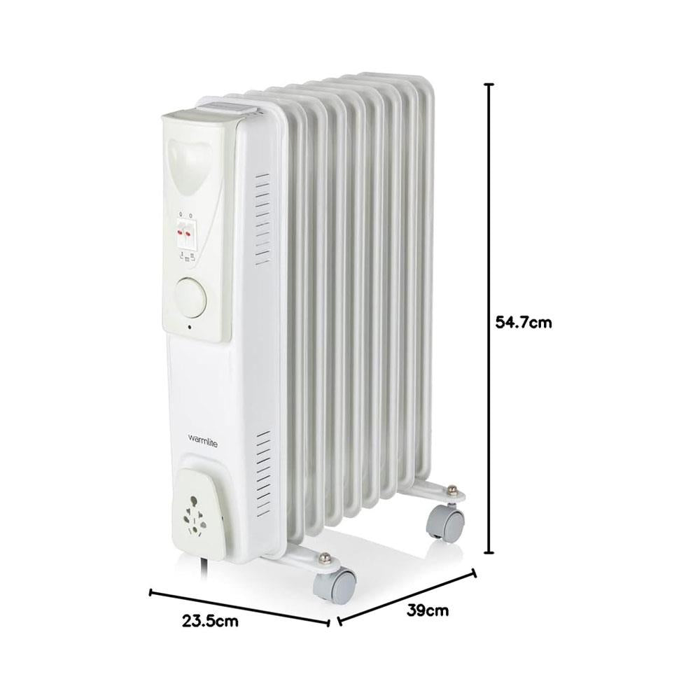 Warmlite 9 Fin Oil Filled Radiator 2000W With 3 Heat Settings & Adjustable Thermostat Overheat Protection Timer - White
