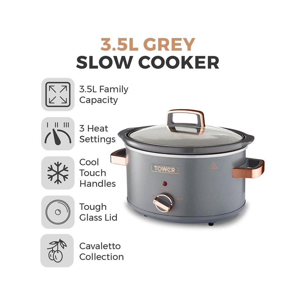 Tower Cavaletto 3.5 Litre Slow Cooker With 3 Heat Settings Removable Pot & Cool Touch Handles - Grey & Rose Gold