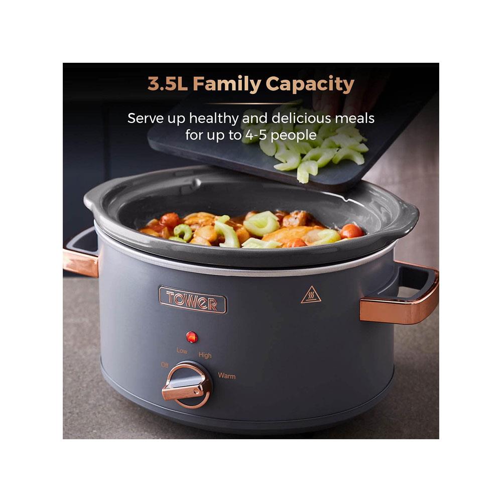 Tower Cavaletto 3.5 Litre Slow Cooker With 3 Heat Settings Removable Pot & Cool Touch Handles - Grey & Rose Gold