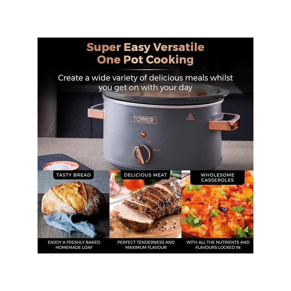 Tower Cavaletto 3.5 Litre Slow Cooker With 3 Heat Settings Removable Pot & Cool Touch Handles - Grey & Rose Gold
