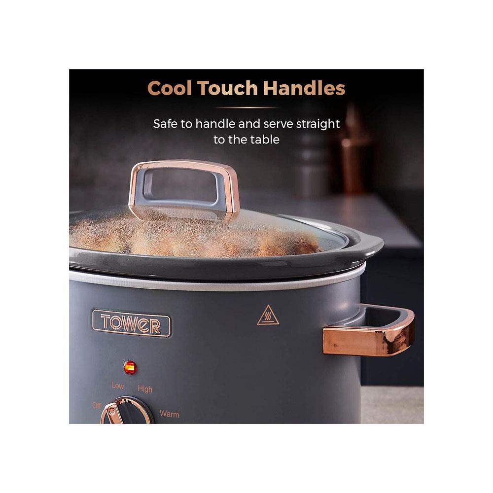 Tower Cavaletto 3.5 Litre Slow Cooker With 3 Heat Settings Removable Pot & Cool Touch Handles - Grey & Rose Gold