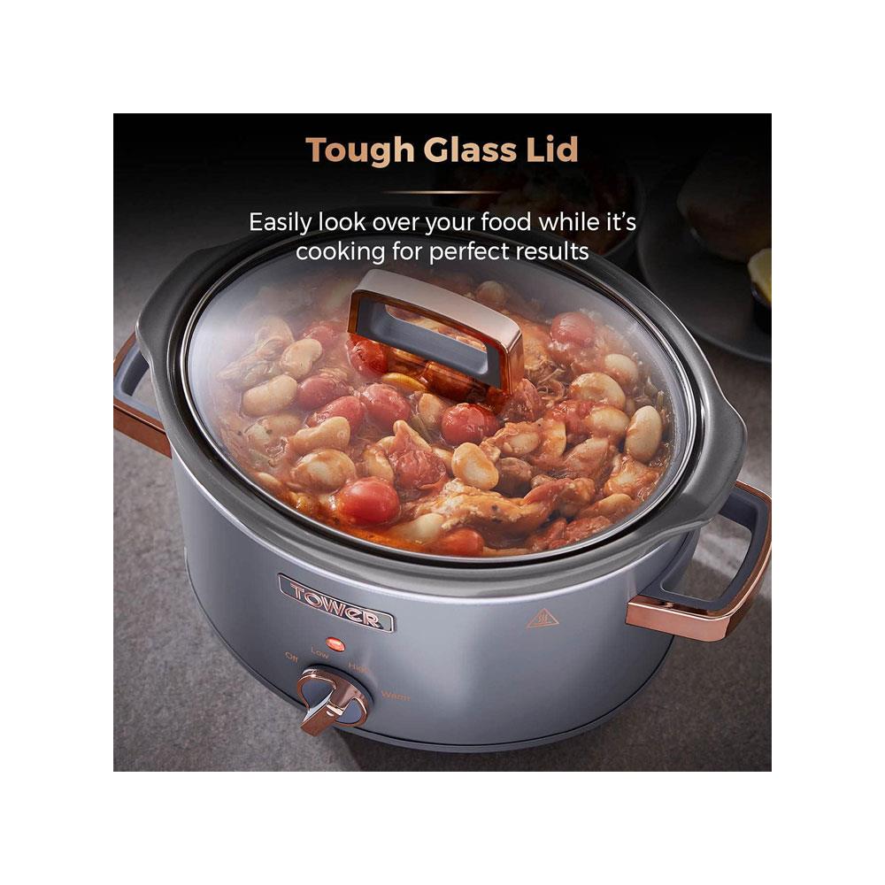 Tower Cavaletto 3.5 Litre Slow Cooker With 3 Heat Settings Removable Pot & Cool Touch Handles - Grey & Rose Gold