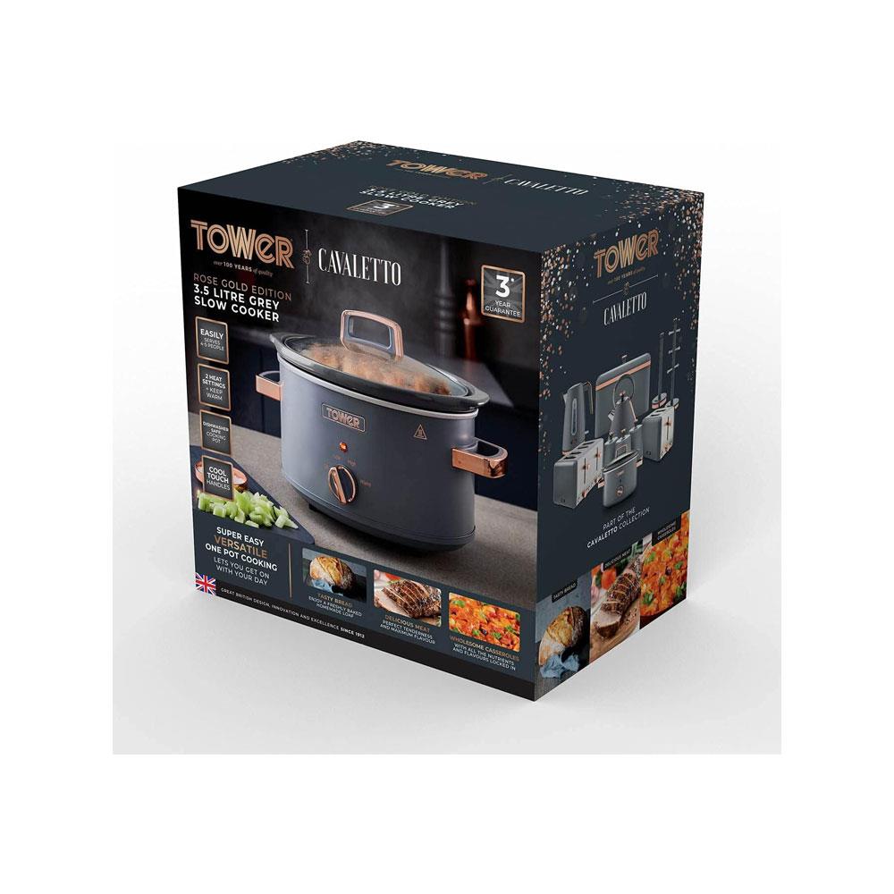 Tower Cavaletto 3.5 Litre Slow Cooker With 3 Heat Settings Removable Pot & Cool Touch Handles - Grey & Rose Gold