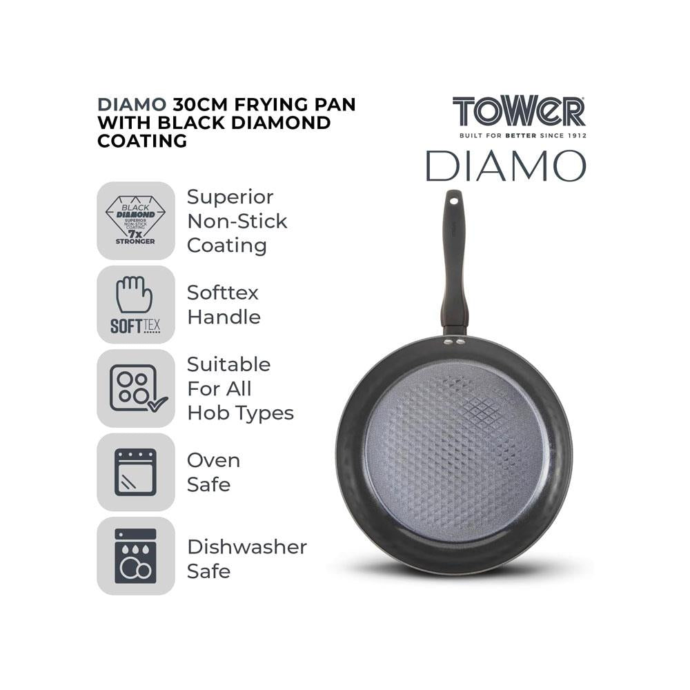 Tower Diamo Frying Pan 30cm With Black Diamond Ceramic Non-Stick Coating & Softtex Handle Aluminium - Black