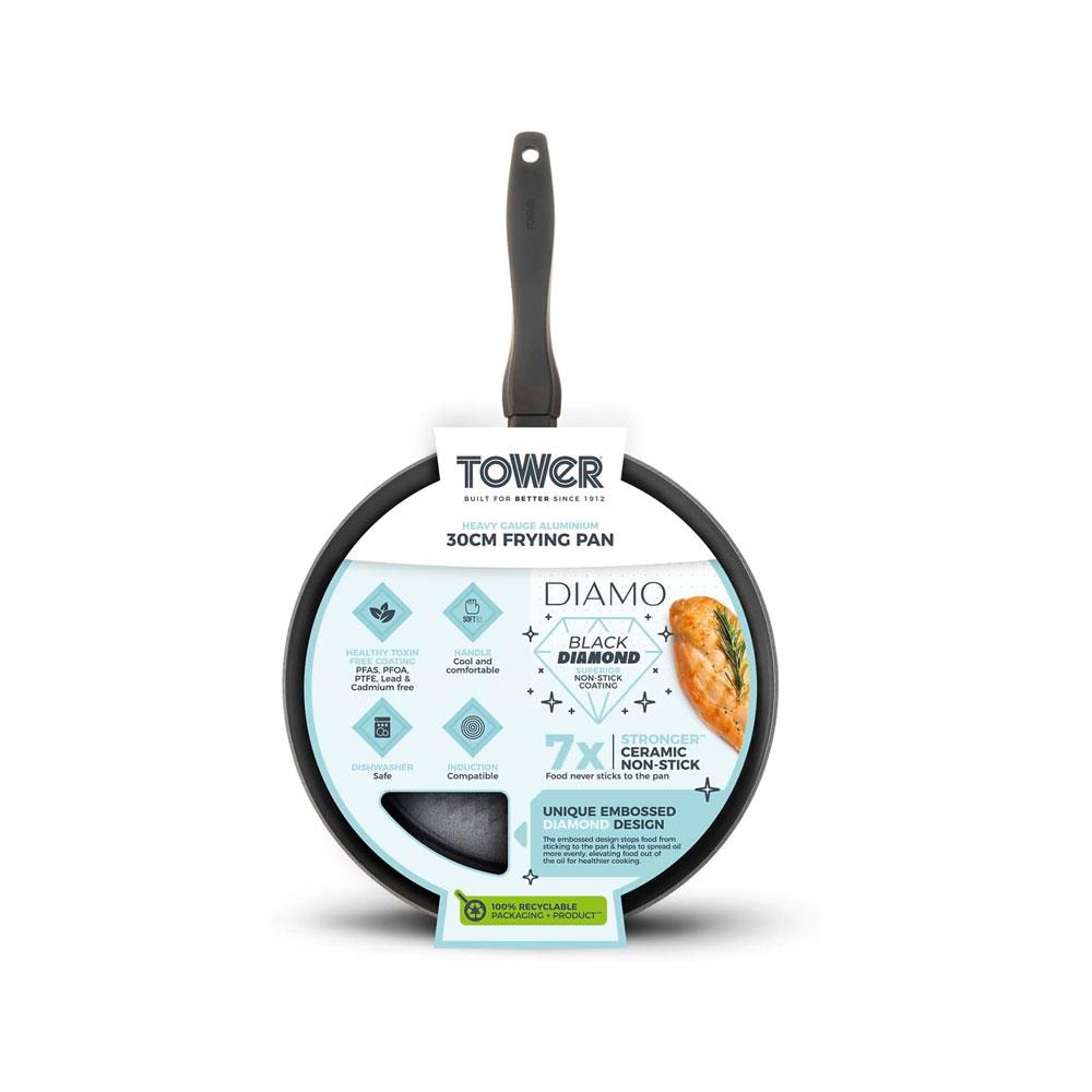 Tower Diamo Frying Pan 30cm With Black Diamond Ceramic Non-Stick Coating & Softtex Handle Aluminium - Black
