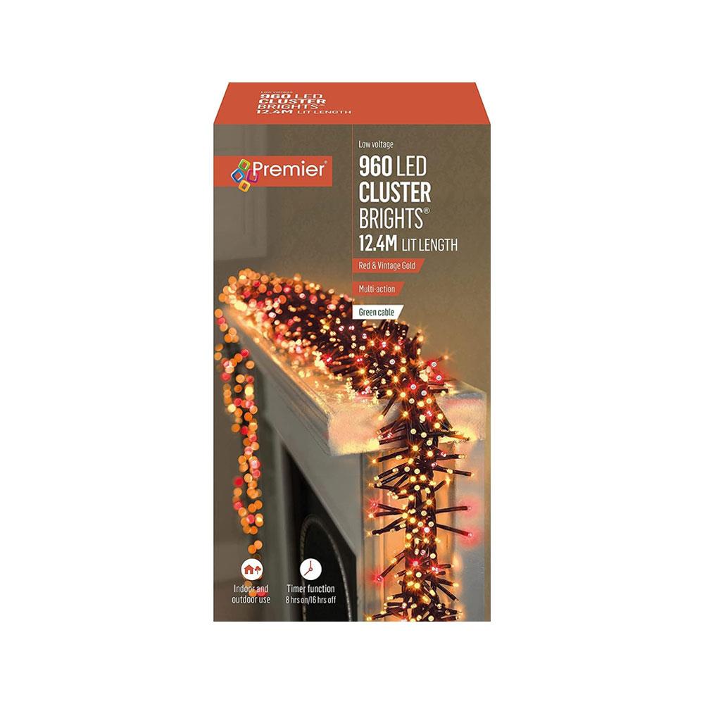 Premier Christmas 960 Multi Action LED Clusters Lights With Timer - Red & Vintage Gold Main image