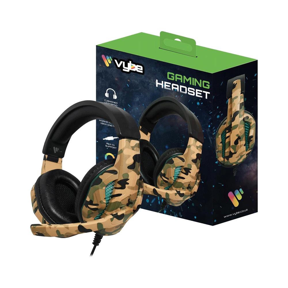 Vybe Camo Wired Gaming Headset For Play Station Xbox PC Gaming With LED Lights - Desert Brown