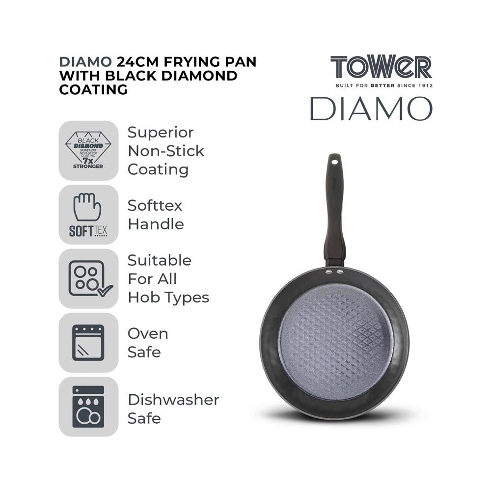 Tower Diamo 24cm Frying Pan With Black Diamond Ceramic Non-Stick Coating - Black