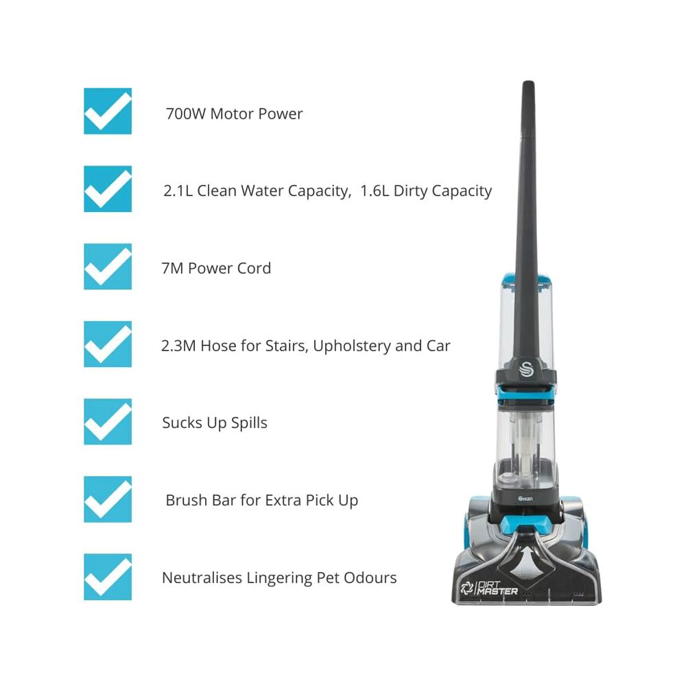 Swan Dirtmaster Pro Carpet Cleaner Pet Washers 700W 2.1 Litres Clean & 1.6 Litres Dirty Capacity - Black/Blue