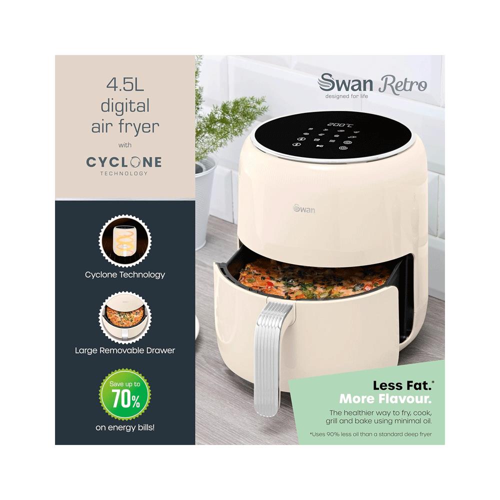 Swan Retro Digital Air Fryer 4.5 Litres With 8 Pre-Set Cooking Options Adjustable Temperature 1500W - Cream