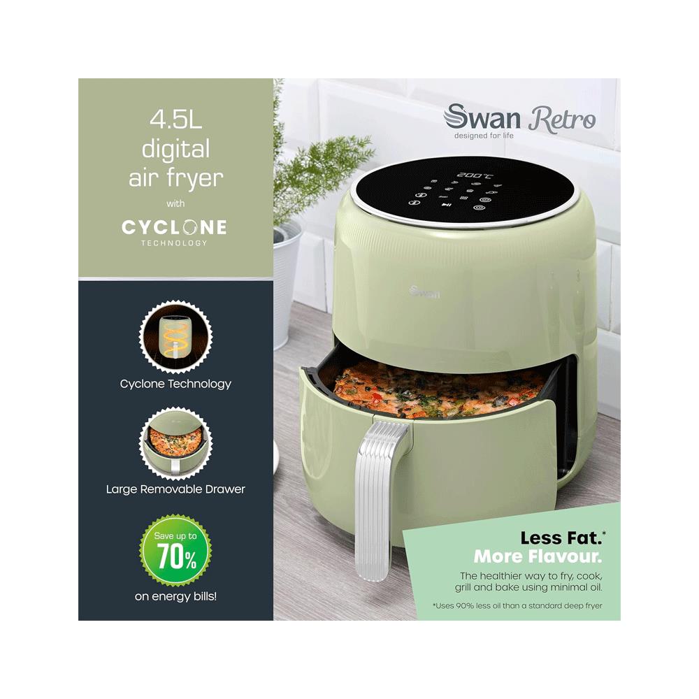 Swan Retro Digital Air Fryer With 8 Adjustable Cooking Pre-Sets 1500W 4.5 Litres - Green