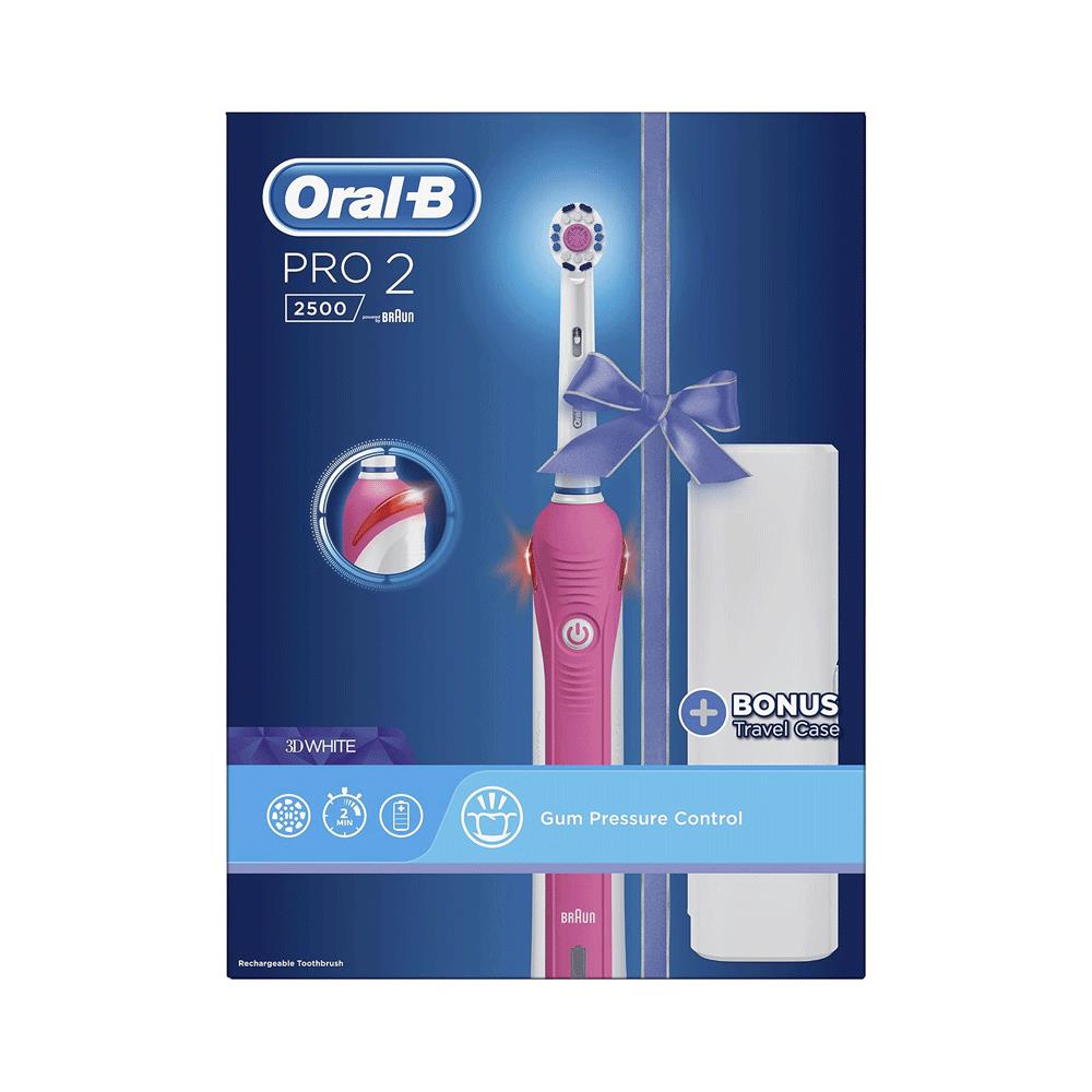 Oral-B Pro 2 2500 3D White Electric Rechargeable Toothbrush With Travel Case - Pink
