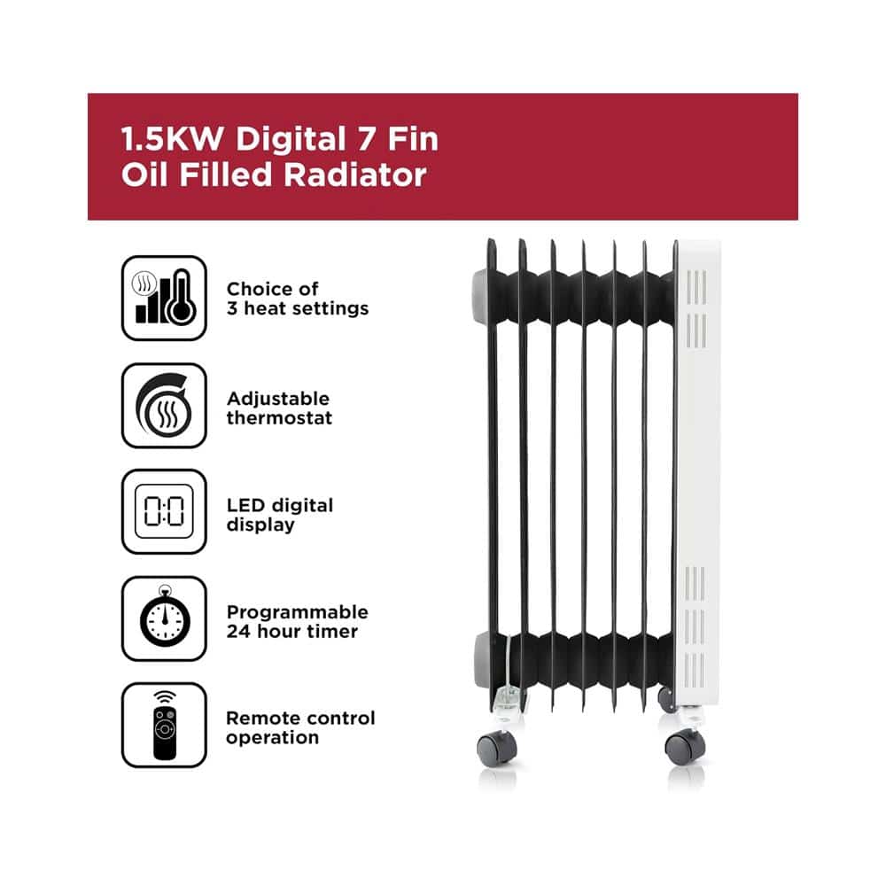 Black & Decker Digital Oil Filled Radiator 1500W 3 Heat Settings Adjustable Thermostat 24hr Timer - White Secondary image