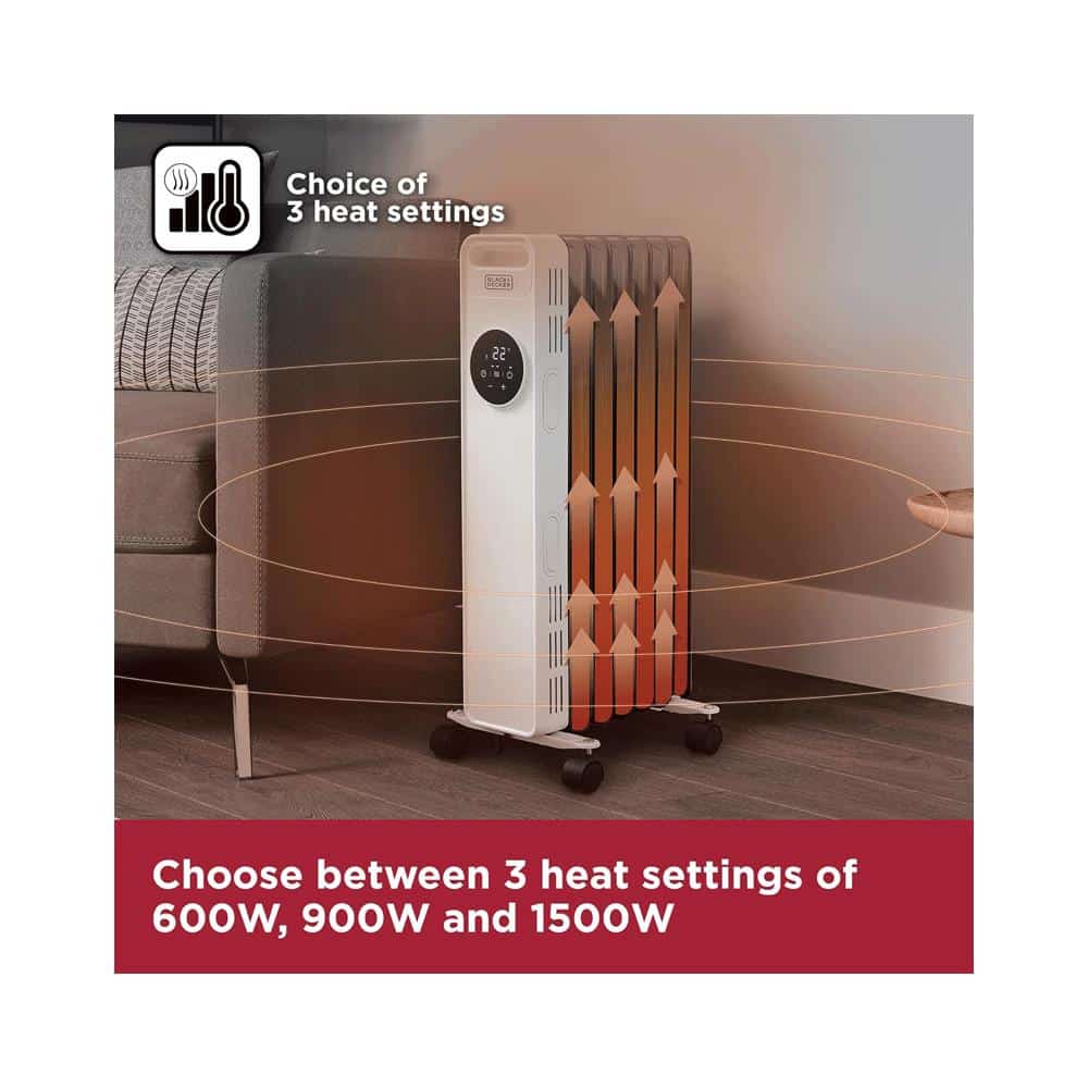 Black & Decker Digital Oil Filled Radiator 1500W 3 Heat Settings Adjustable Thermostat 24hr Timer - White