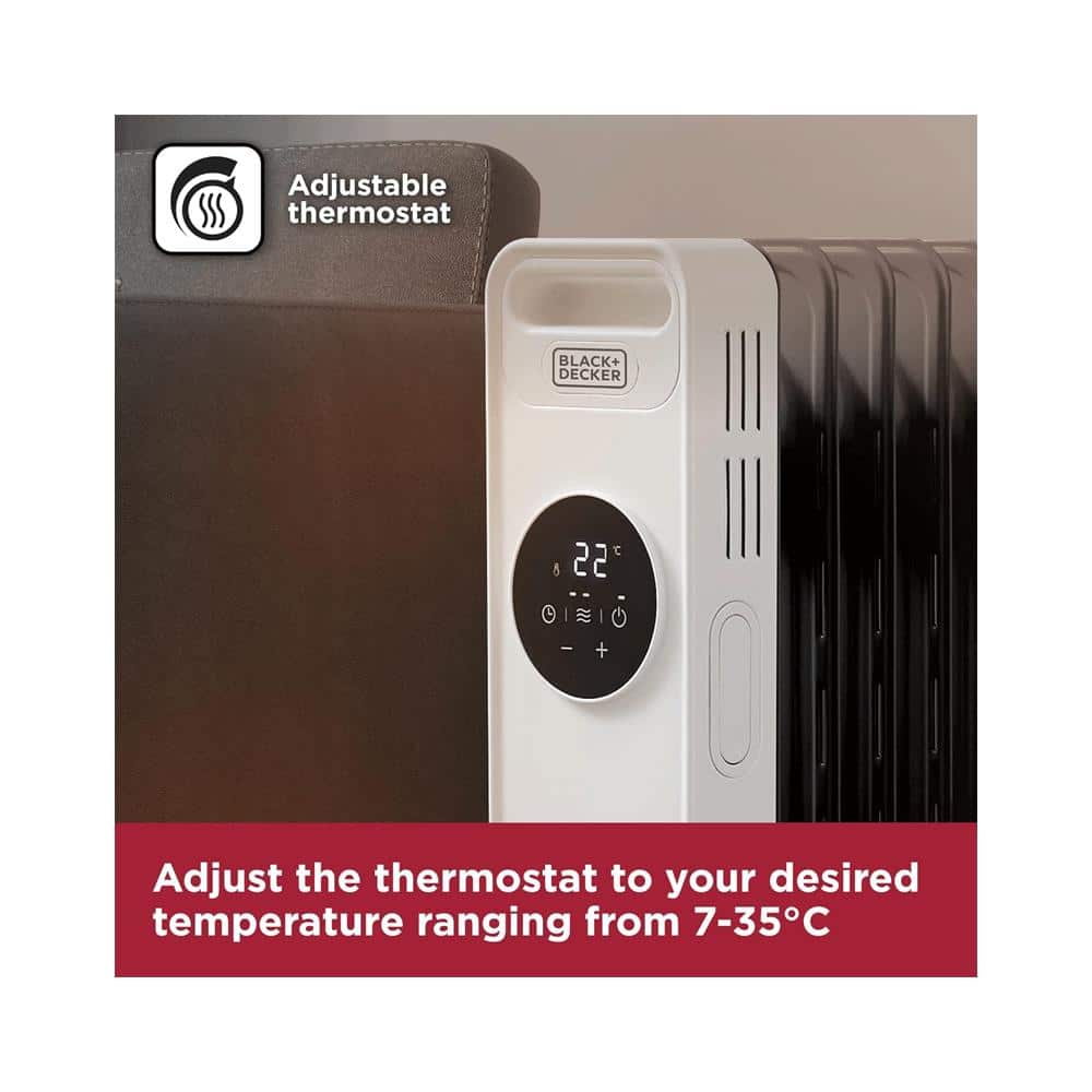 Black & Decker Digital Oil Filled Radiator 1500W 3 Heat Settings Adjustable Thermostat 24hr Timer - White