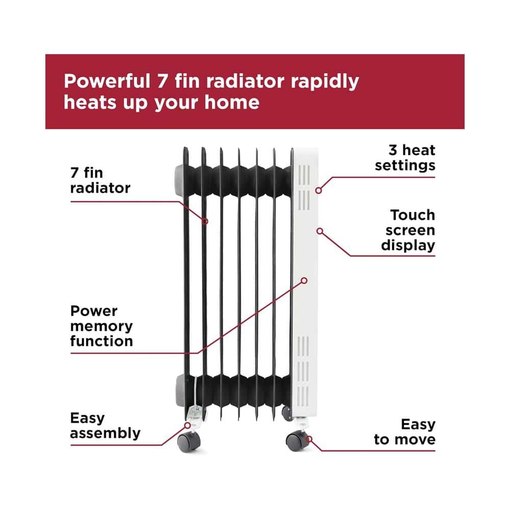 Black & Decker Digital Oil Filled Radiator 1500W 3 Heat Settings Adjustable Thermostat 24hr Timer - White